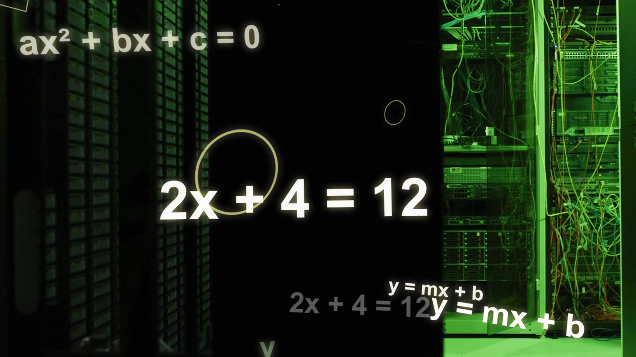 Halo appearing, central equation growing, sliding down-right, servers lighting green, showing data