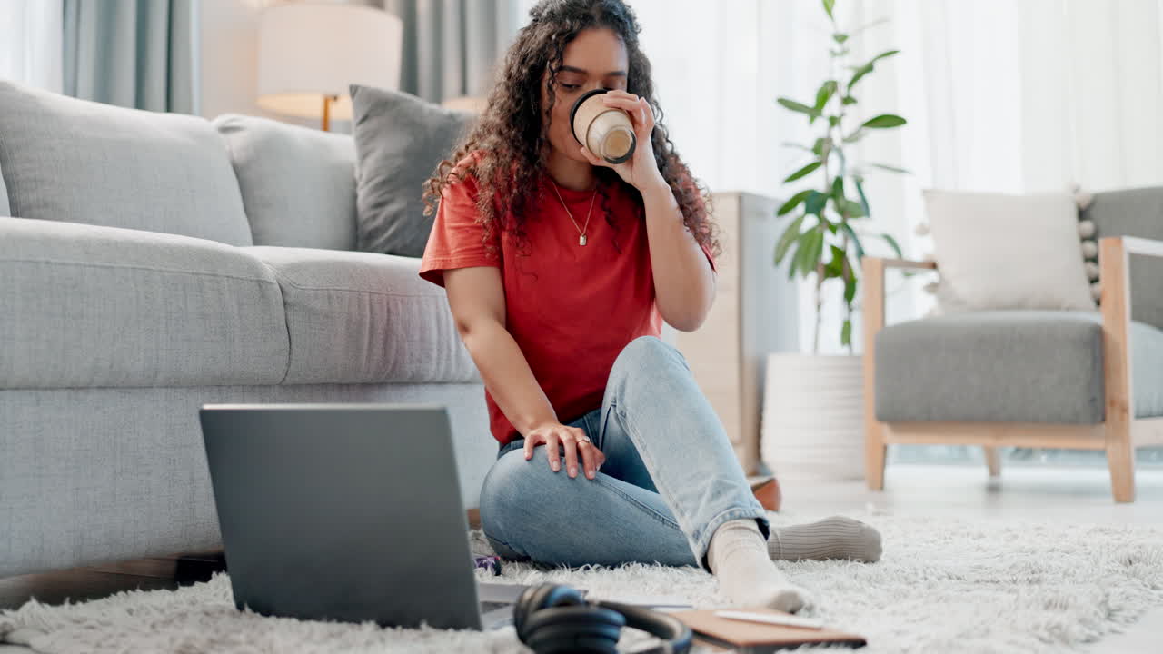 Woman, coffee and laptop for work from home