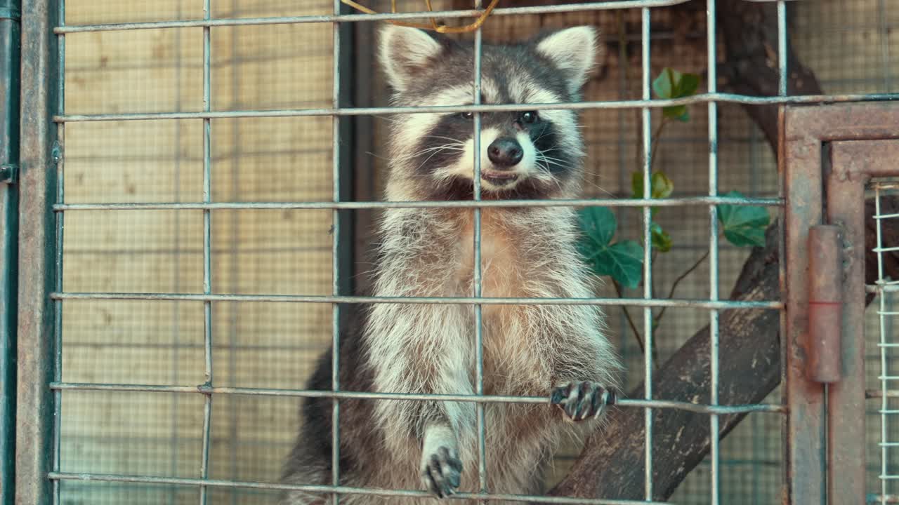A captive raccoon peeks through its mesh cage and sniffs at passersby.