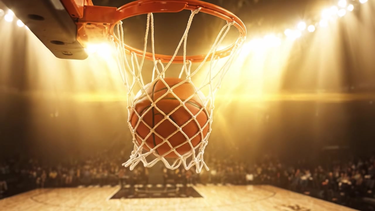 Dinamica vetrina di un campo da basket con il canestro sotto un'illuminazione drammatica e un pubblico numeroso, catturando l'essenza dell'intensità e dell'emozione del gioco.