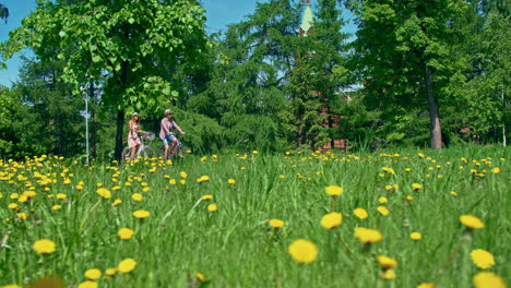 Toma-De-Seguimiento-De-Una-Pareja-Montando-En-Bicicleta-En-El-Parque-Y-Hablando-En-Movimiento-En-Verano