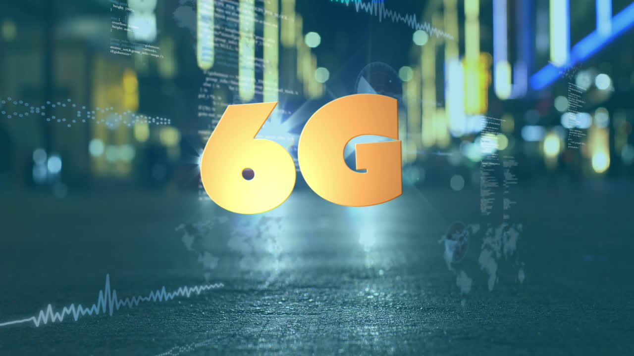 6g 텍스트 애니메이션과 흐릿한 도시 조명 및 디지털 데이터 시각화