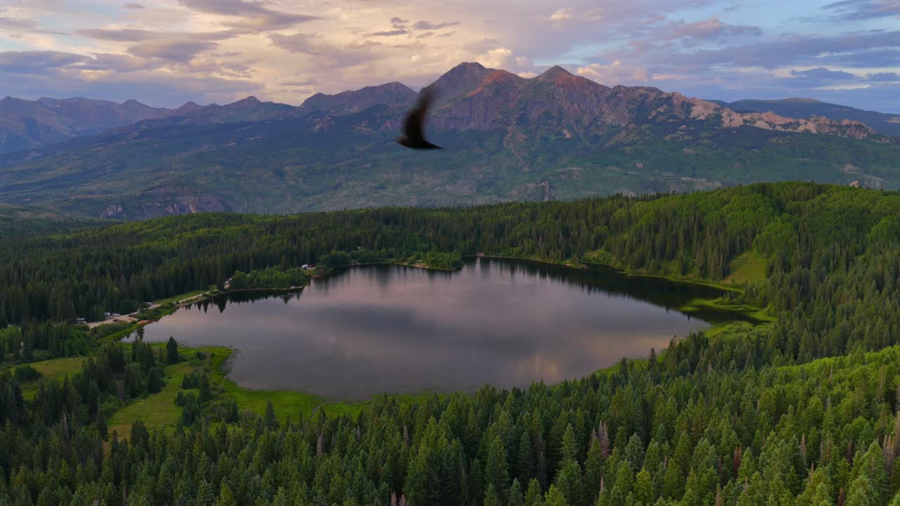 Ruby Peak Lost Lake Slough Campground Three Lakes Trail Kebler Pass aerial drone Crested Butte Colorado sunset golden hour spring summer Paonia Gunnison Forest Marcellina Mountain circle left parallax