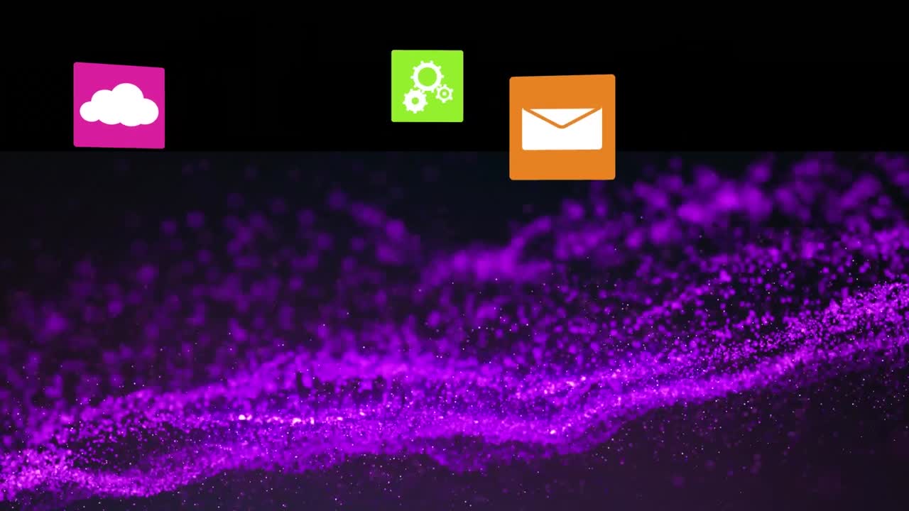 Animation of multiple icon in colorful squares and dots forming abstract pattern on black background