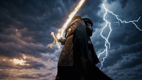 powerful warrior with glowing sword in a storm