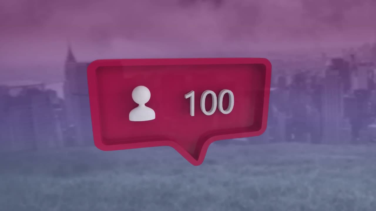 composición digital de la burbuja de habla con icono de perfil y números crecientes contra el paisaje urbano