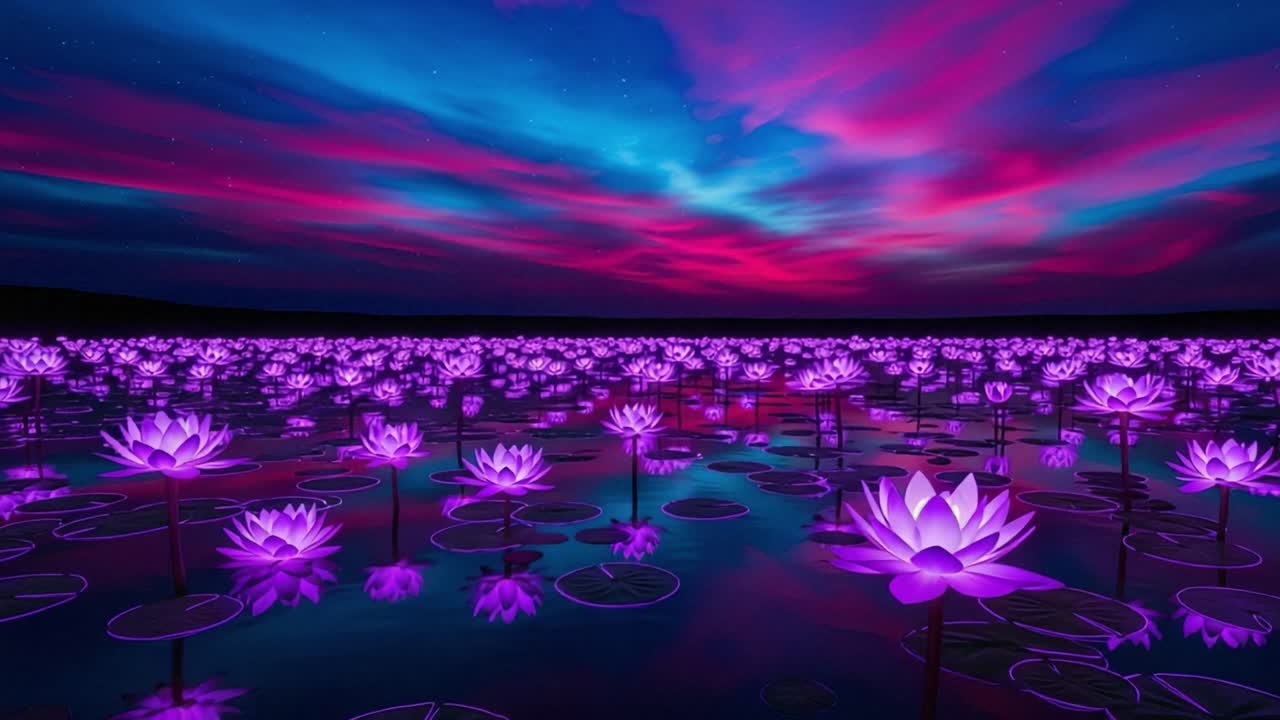 A Serene Evening Over a Tranquil Pond: Vibrant Purple Lotus Flowers Reach Towards the Sky Amidst a Stunning Colorful Twilight in Nature's Embrace
