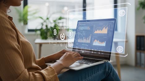 analyzing cryptocurrency trends and blockchain technology through data visualization on a laptop in a modern workspace