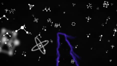 animación de corrientes eléctricas púrpuras brillantes sobre estructuras moleculares blancas sobre un fondo negro