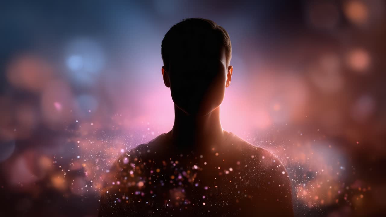 Uma figura em silhueta banhada por luzes etéreas e partículas cósmicas contra um plano de fundo misterioso, evocando uma sensação de profundidade e intriga