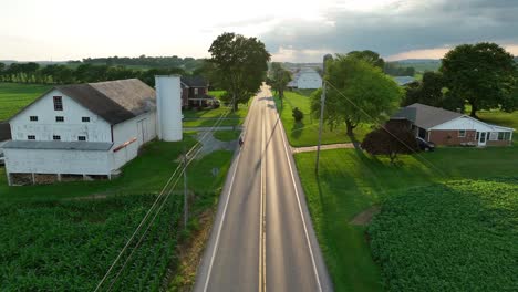 Car-driving-on-a-rural-road-through-lush-green-fields-with-farmhouses-and-trees