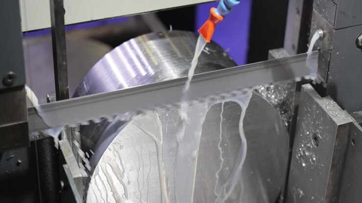 Modern machine Saw. Cutting metal modern processing technology.