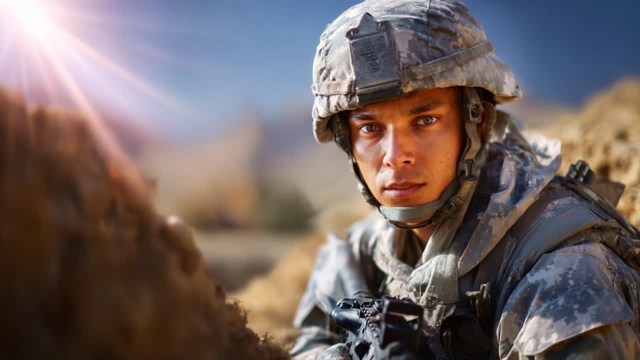 Focused Soldier in Combat Gear, Intently Observing His Surroundings Amidst a Blurry Background, Captured in Two Consecutive Frames of a Military Scenario