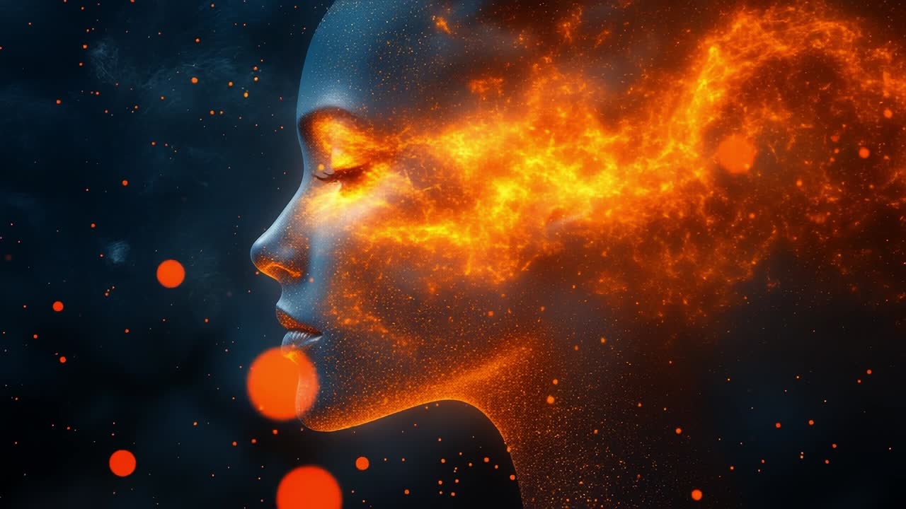 Fiery shape in cosmic scene. A woman's profile amid vibrant flames and cosmic elements creates a stunning contrast of fire and space.