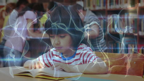 classmates sitting at wooden table in library, reading books while digital wave overlay flowing