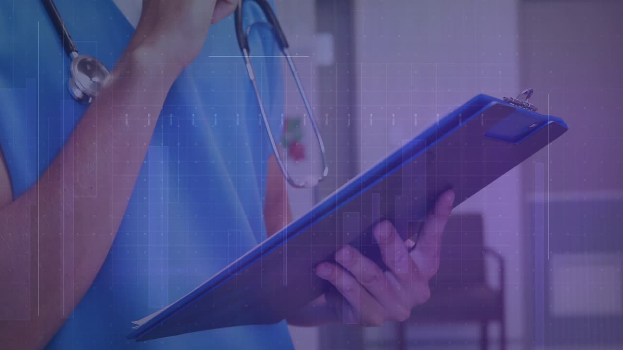 Clinico che prende appunti nel corridoio avviando una griglia che mostra uno stetoscopio che si regola, completando la cartella clinica.