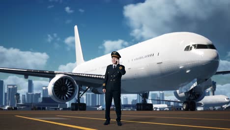 cuerpo lleno de piloto de hombre asiático hablando en teléfono inteligente y mirando a su alrededor mientras está de pie en el aeródromo con el avión en el fondo