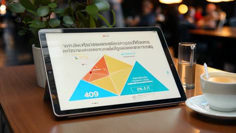 tablet displaying colorful data visualization in a cafг© setting