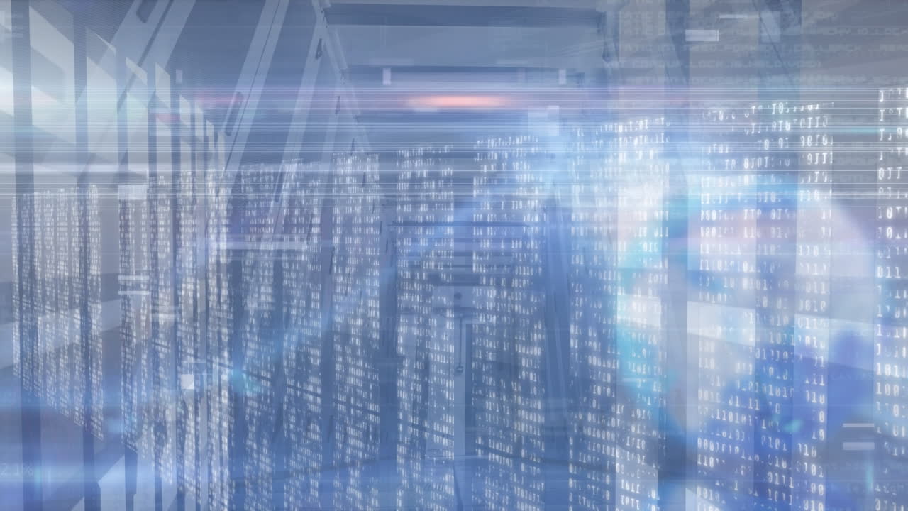 Animation of mosaic squares over empty computer server room