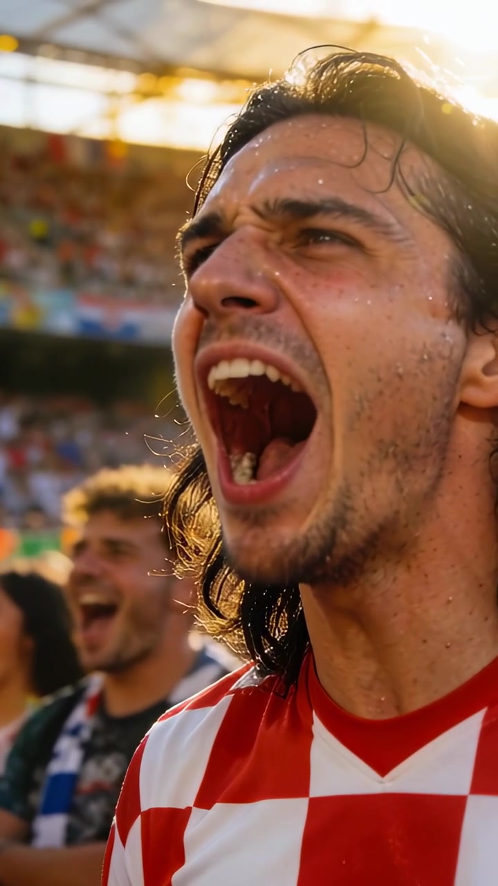 Video verticale: Tifoso maschio esultante con maglia a scacchi rossa e bianca che reagisce a un gol in tribune affollate.