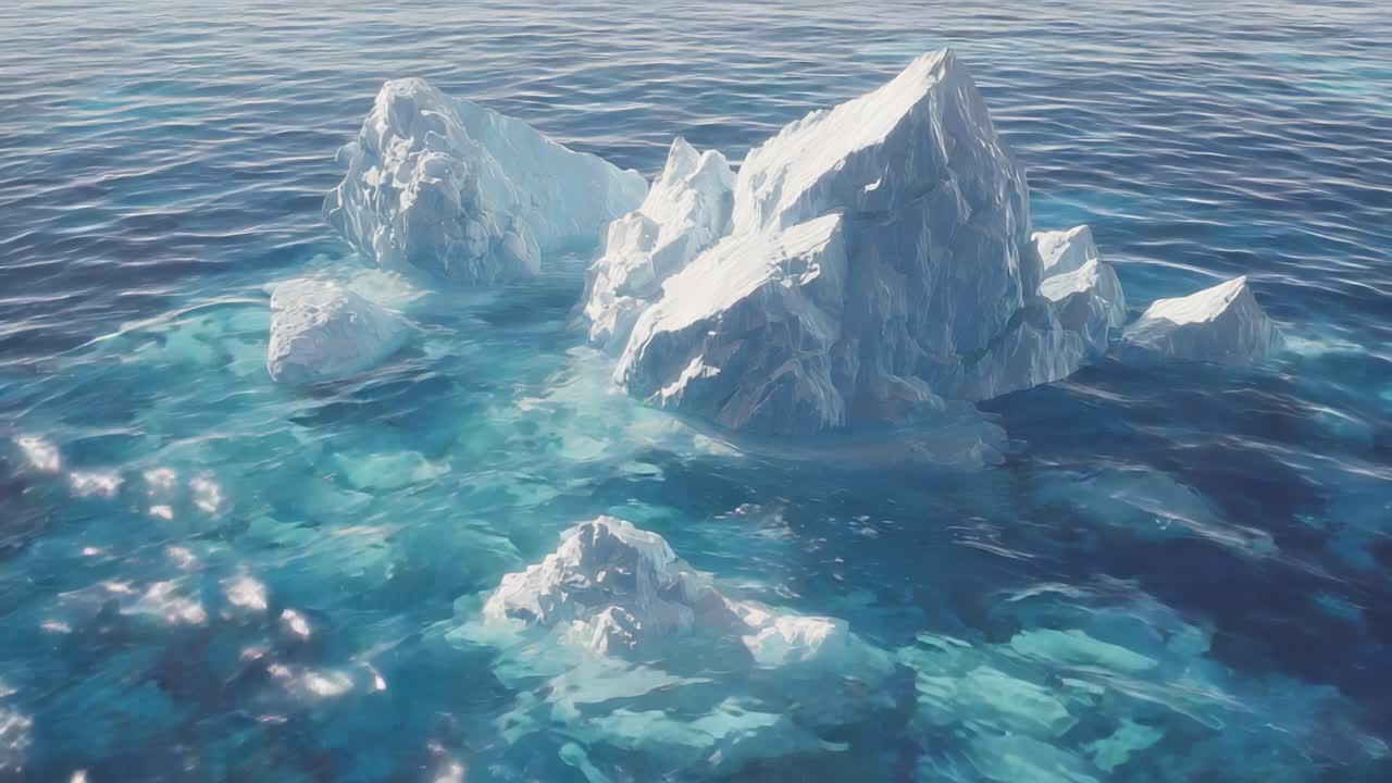Majestic Icebergs Floating Gracefully in Crystal Clear Ocean Water, Capturing the Beauty of Nature's Frozen Wonders and the Vibrant Blues of the Sea Below