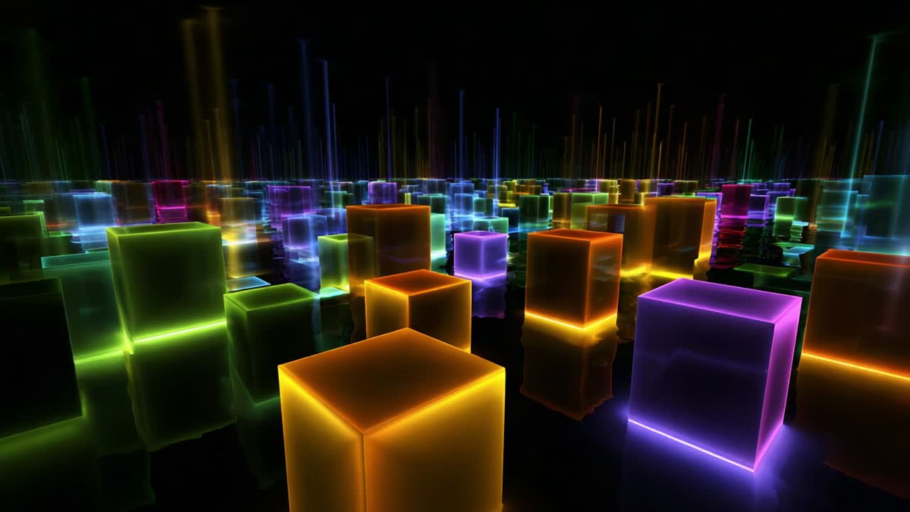 A Vibrant Display of Neon Cubes Illuminated in an Abstract Digital Landscape, Capturing the Essence of Colorful Light Projections and Reflections in a Futuristic Environment