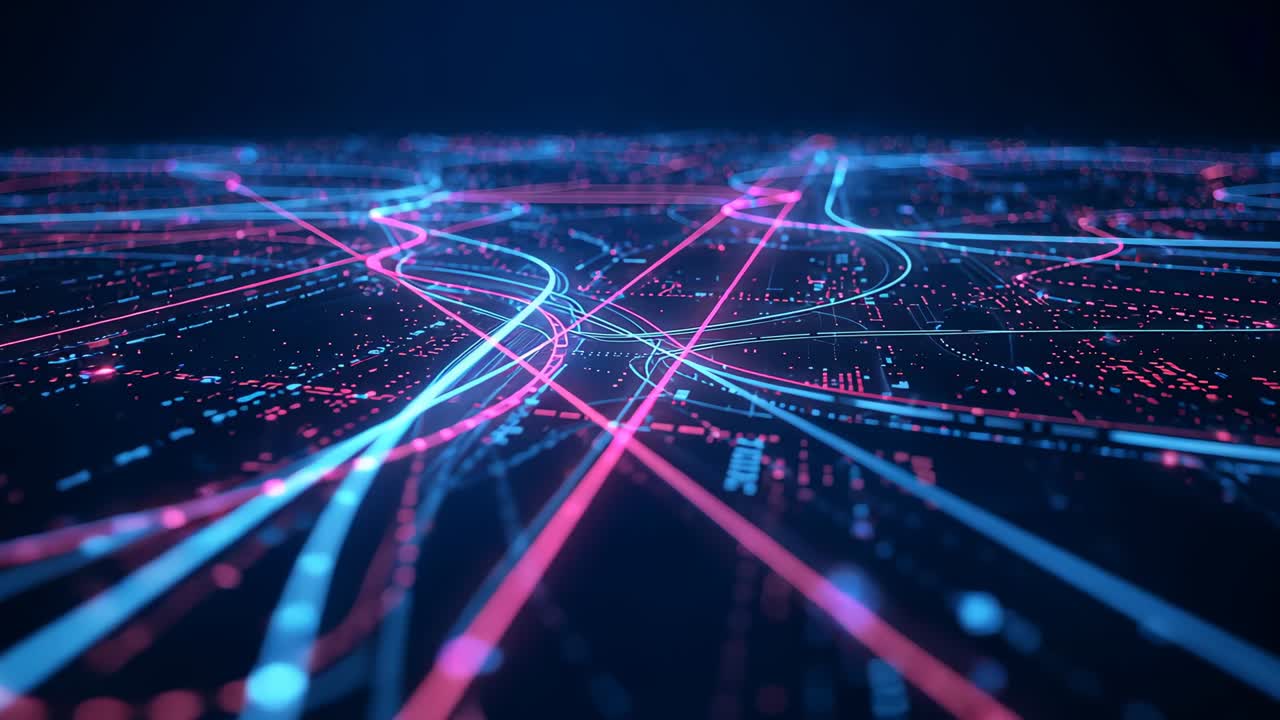 Sweeping camera revealing neon-lit curved and straight lines on dark grid plane, pulsing data nodes