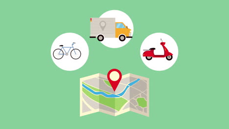 paper map and delivery service vehicles animation