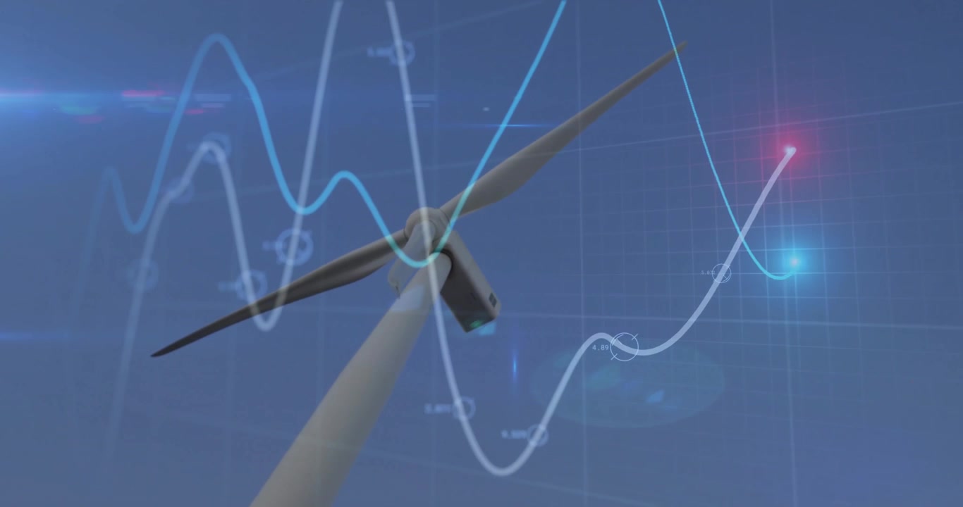 Wind turbine rotor blade being visualized on blue grid with fluctuating data curves and markers