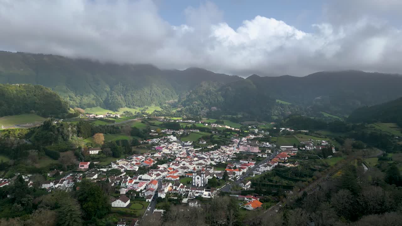 Aerial Orbit of Furnas Town in São Miguel Island, Azores, Portugal