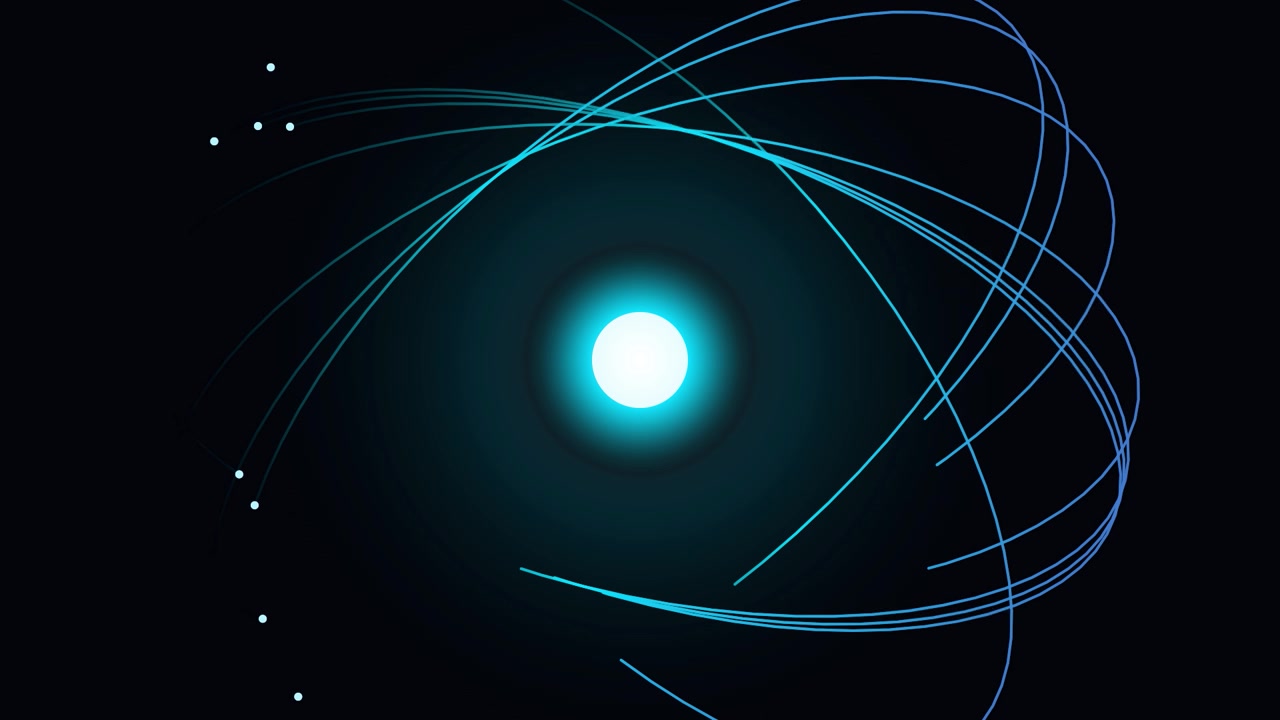 Animazione astratta di particelle luminose che orbitano attorno a una sorgente di luce centrale