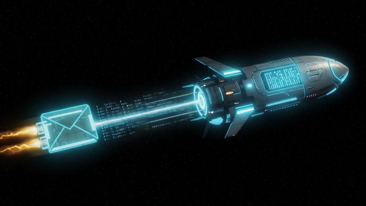 Futuristic Rocket Transmitting Digital Data Through Space in a High-Tech Environment with Glowing Elements and a Futuristic Aesthetic