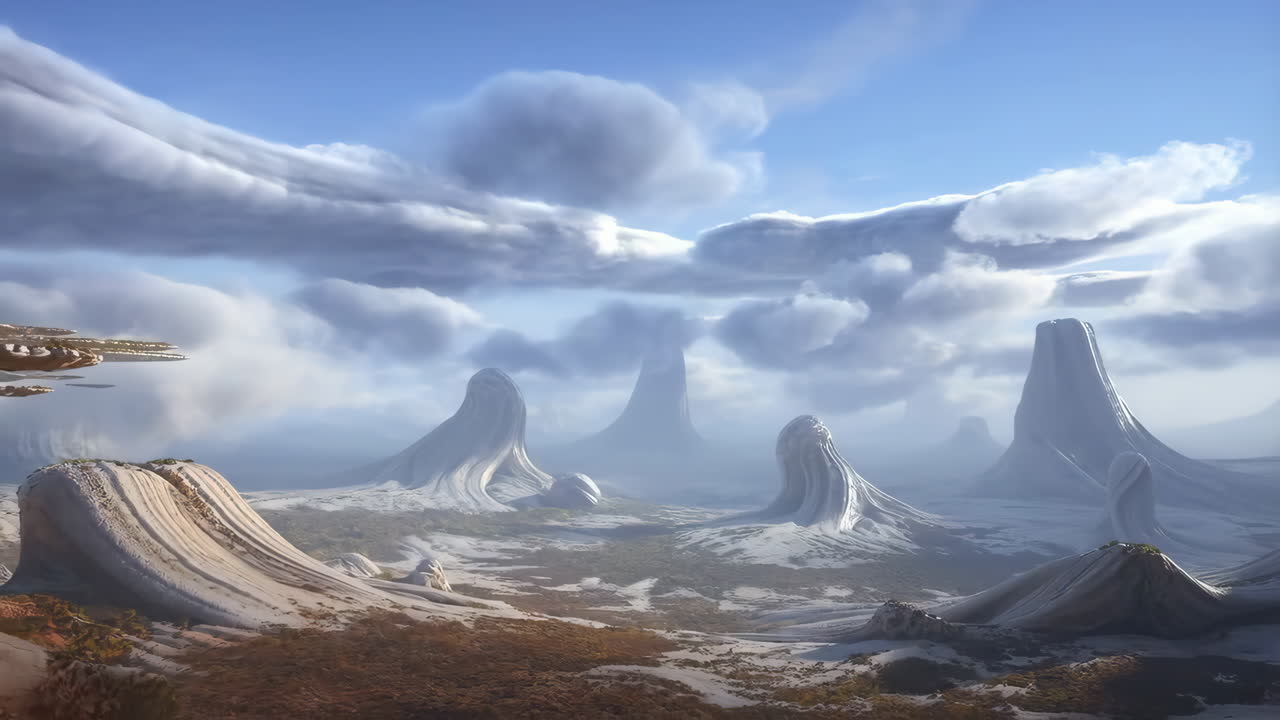 Vast Alien Landscape with Surreal Formations and Floating Structures