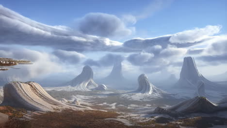 vast alien landscape with surreal formations and floating structures