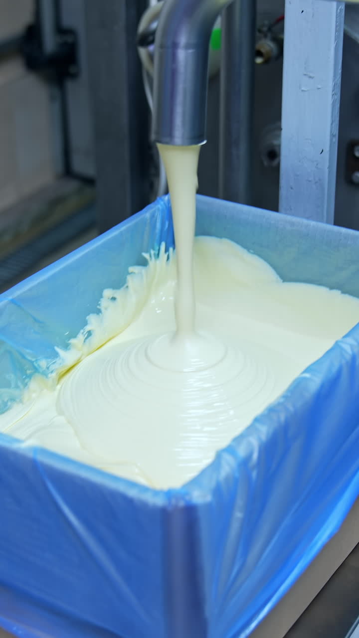 Liquid butter is pouring from the pipe into the container. Factory for the production of butter. Automated line. Food production.. Vertical video