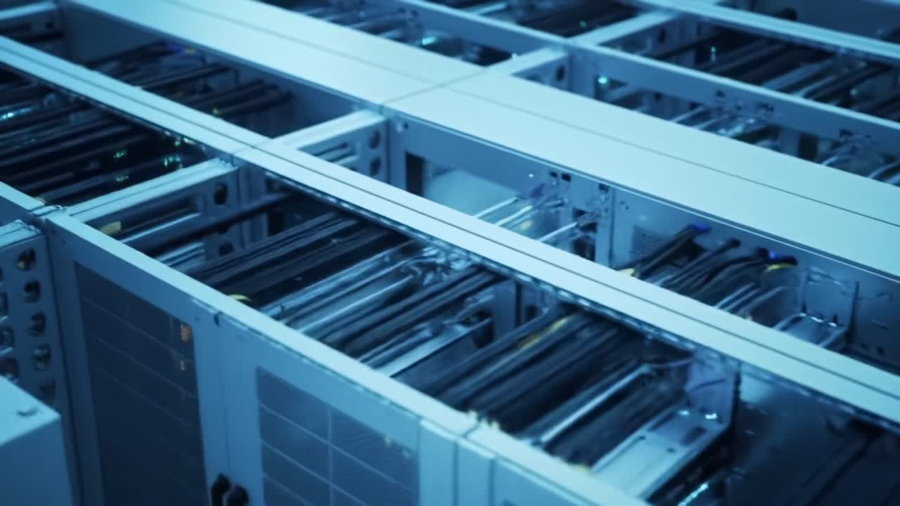 An Overview of Advanced Technology Infrastructure Featuring Complex Racking Systems and Data Storage in a Modern High-Tech Environment