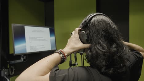 cantante con auriculares en un estudio de producción antes de grabar música, cámara lenta