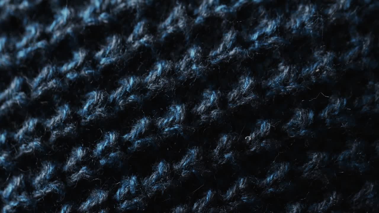 micro vídeo de primer plano de tela de ganchillo de lana azul con espacio de copia