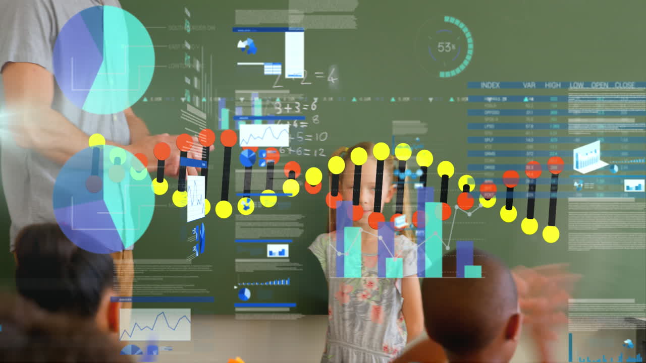 교사와 함께 다양한 학교 학생들에 대한 데이터 처리 및 dna 스트랜드의 애니메이션
