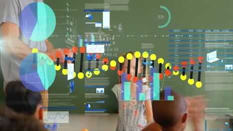 animación del procesamiento de datos y la cadena de adn sobre diversos escolares con el maestro