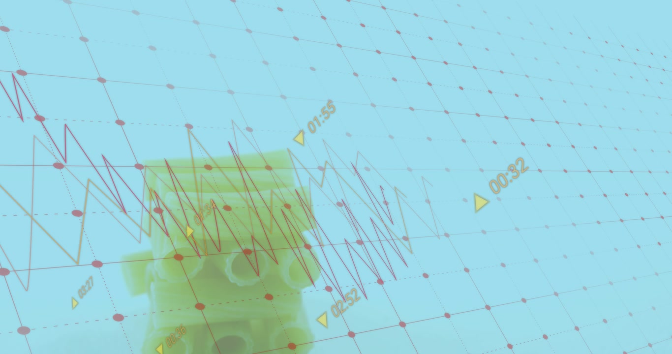Animation of financial data processing over nudles on blue background