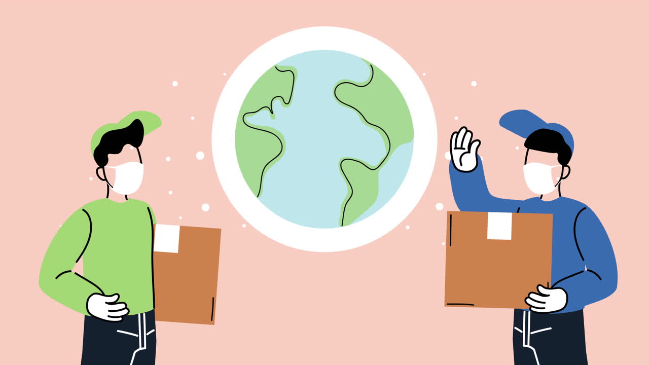 의료 마스크를 착용한 안전한 배달 택배자, 상자 상자 및 지구 행성