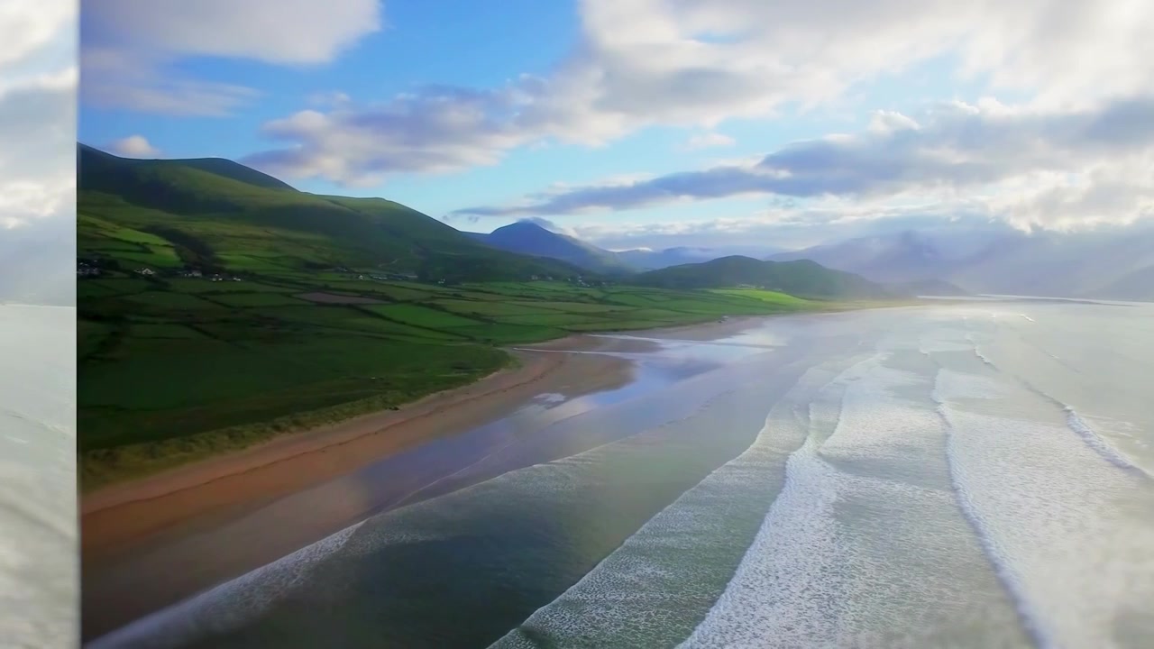 Scenic Landscapes Featuring Surfer at Sunset, Mountain Lake, and Coastal Views