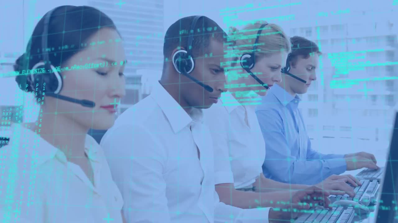 Animation of data processing over diverse business people using phone headsets