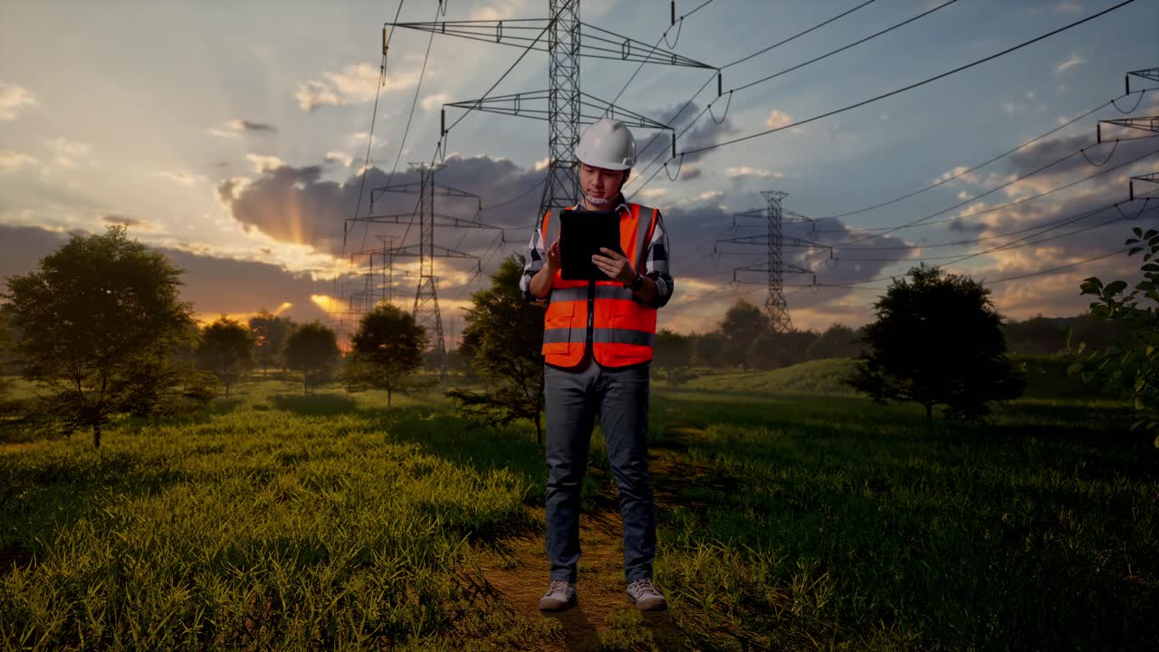 Engineer Inspecting Power Lines with Tablet at Sunset