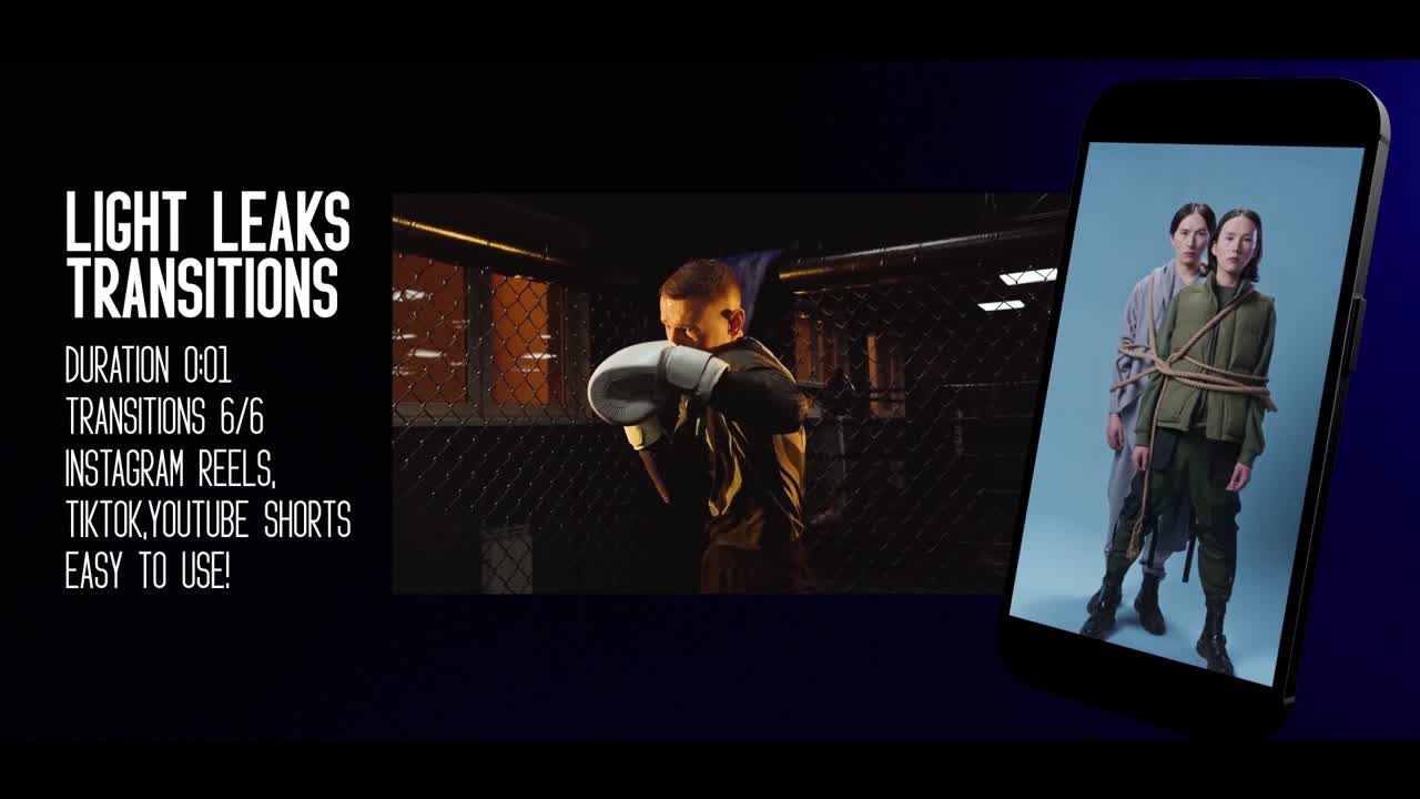 Un moderno modello di motion graphics progettato per contenuti video con transizioni effetto "light leaks".