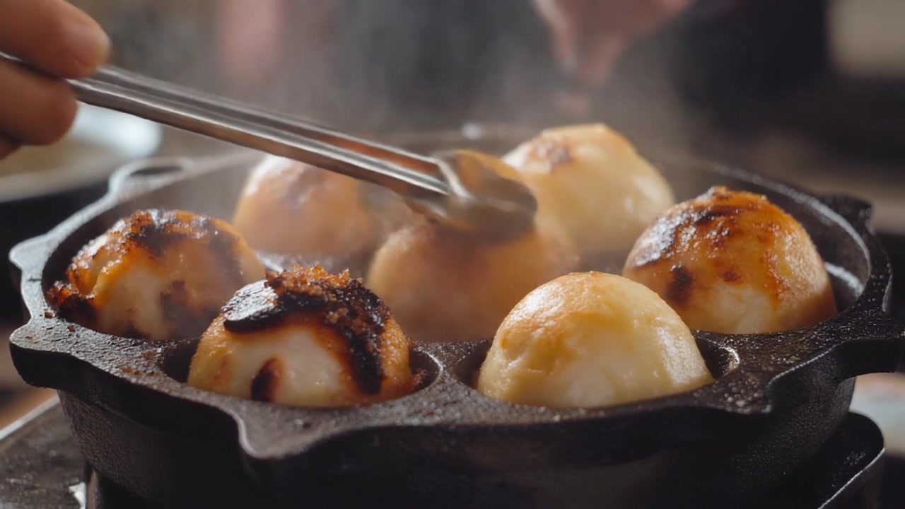 鉄製のフライパンでたこ焼きをトングでひっくり返すシェフ