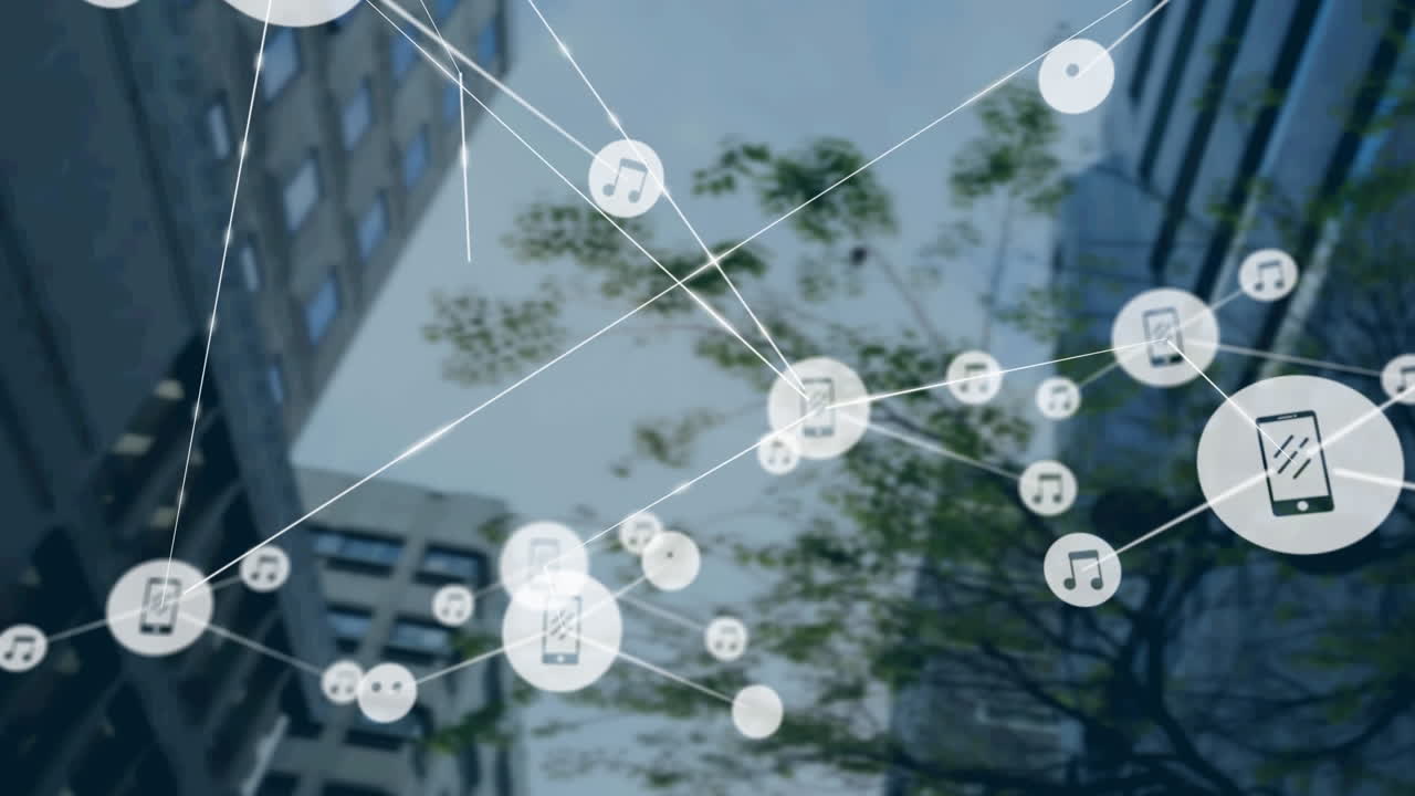 높은 건물을 배경으로 디지털 아이콘의 네트워크