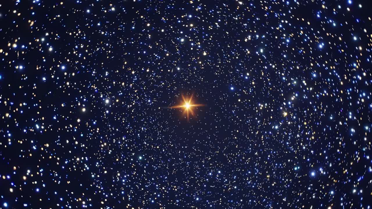 A mesmerizing video scene of a starry sky with a bright central star, captured from a worm's-eye