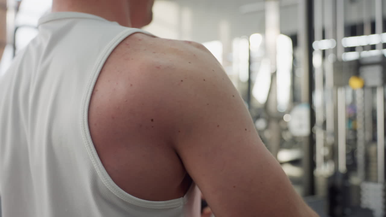 Shoulder of fitness trainer on chest press machine pushing handles against weight stack with focused form in busy gym setting surrounded by other exercisers and equipment showcasing body workout